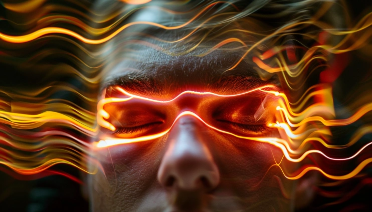 a man's face with alpha waves as streams of light