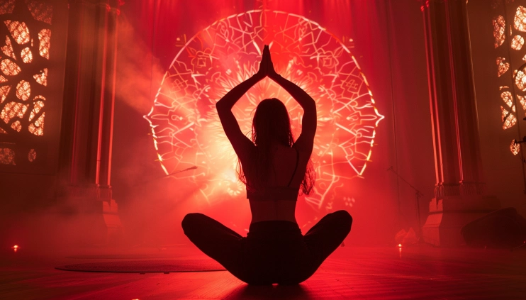 girl with hands in mudra position on the head in a red environment in front of of glowy white ight mandala sacred geometry