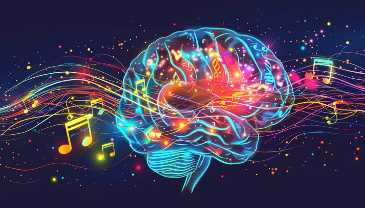 brain with colorful waves and musical notes representing music entrainment