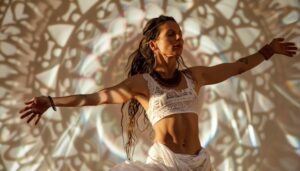 woman open arms in front of a mandala white and brown background