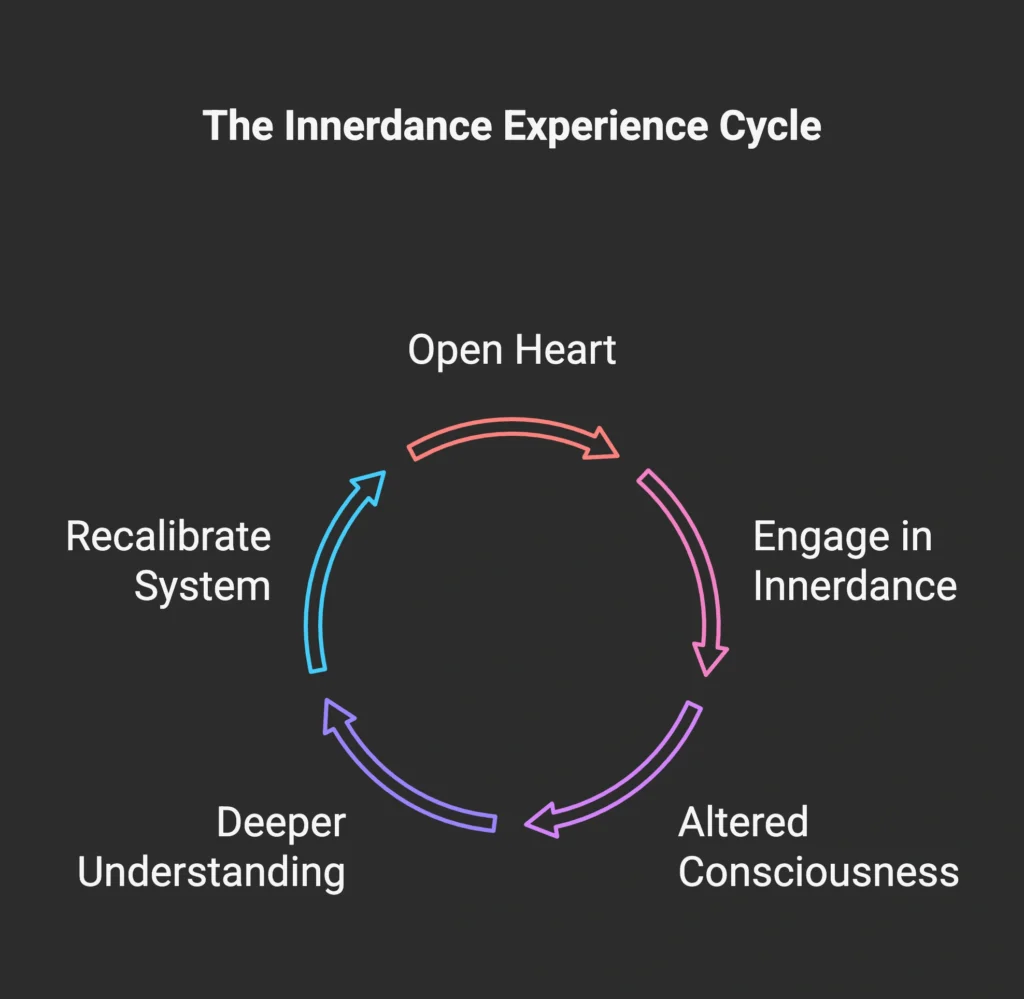 Innerdance Experience Cycle Illustration: Open Heart, Engage, Altered consciousness, Deeper Understanding,  Recalibrate System.